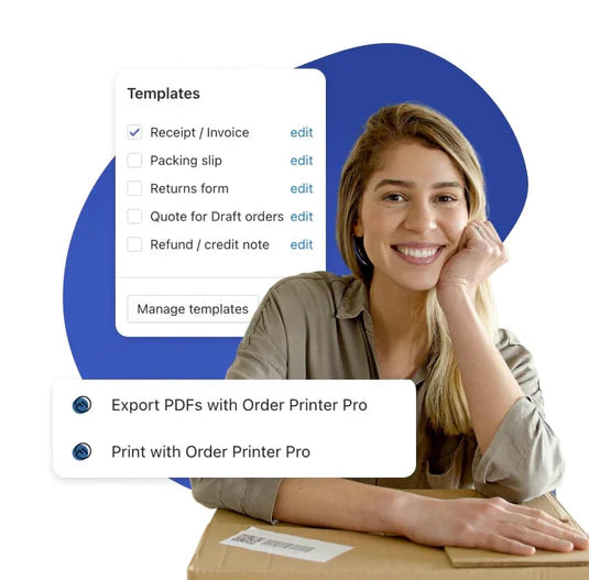 Order Printer Pro woman in front a blue blob and to cutouts