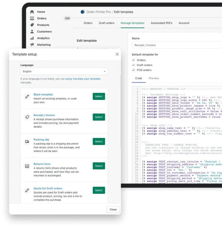 template setup screenshot